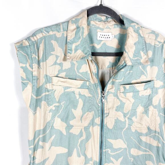 Tanya Taylor Skye Romper Blue Floral Collared Front Zip Linen Blend Sz XS‎ - Picture 6 of 12